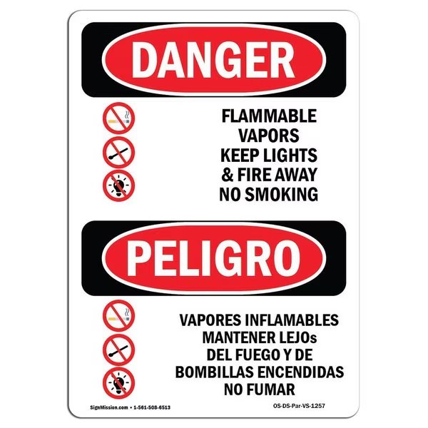 OSHA Sign, Flammable Vapors Keep Fire Away Bilingual, 14in X 10in Decal, 10